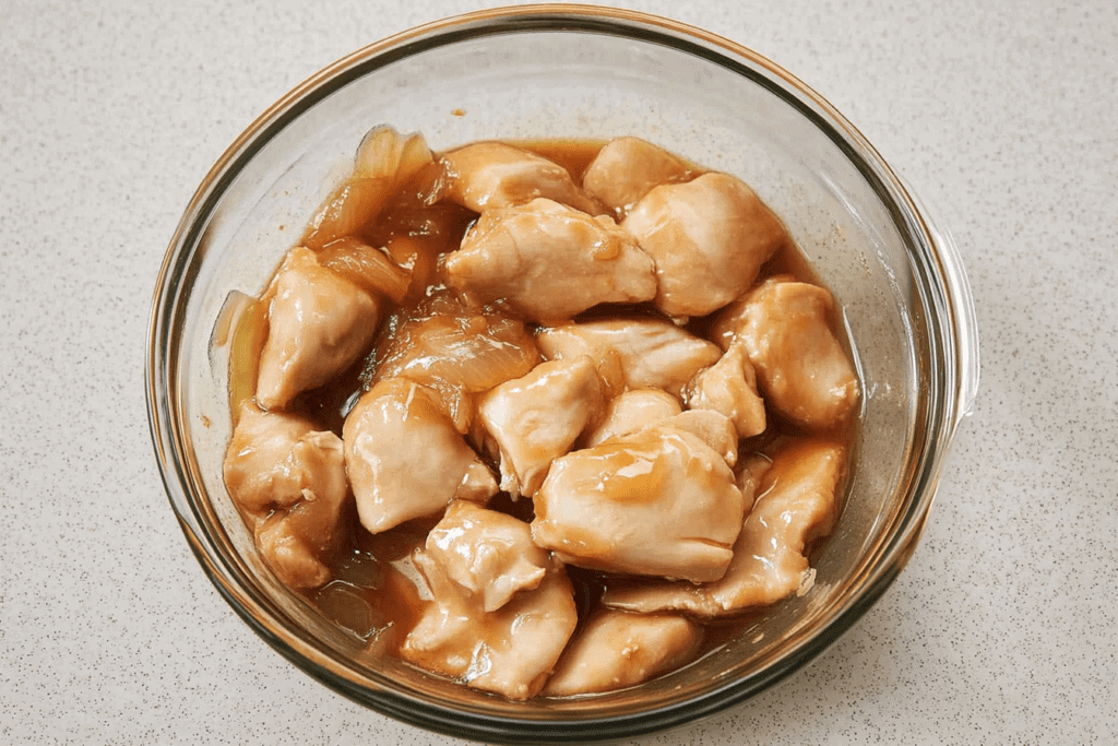 a bowl of chicken in brown sauce