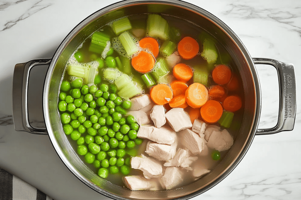 a pot of soup with vegetables