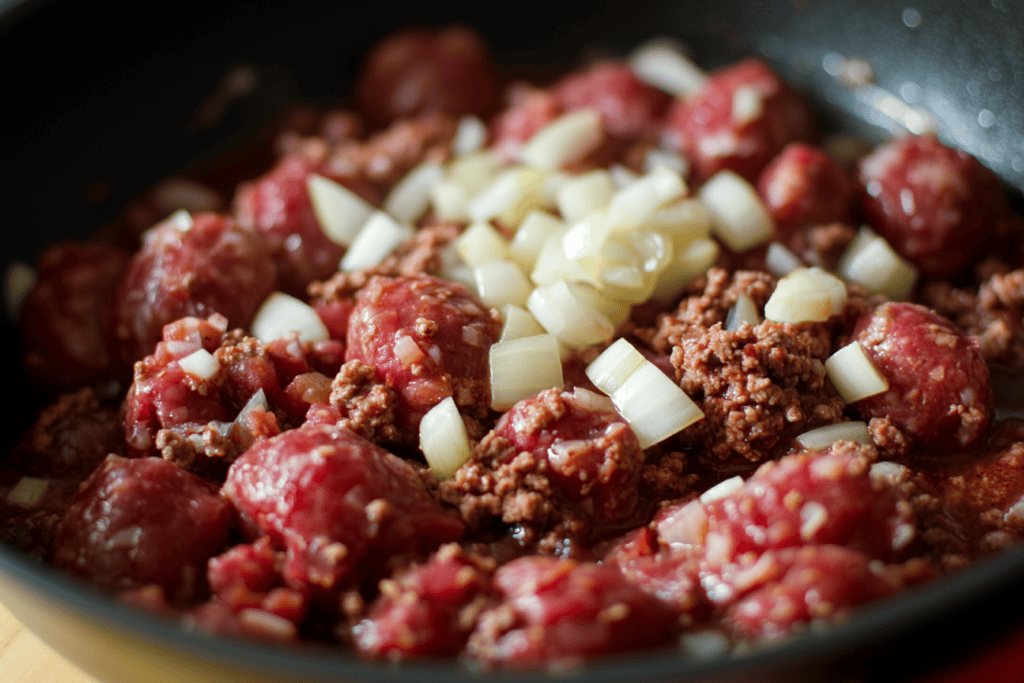 Combine sausage ground beef onion and garlic 1