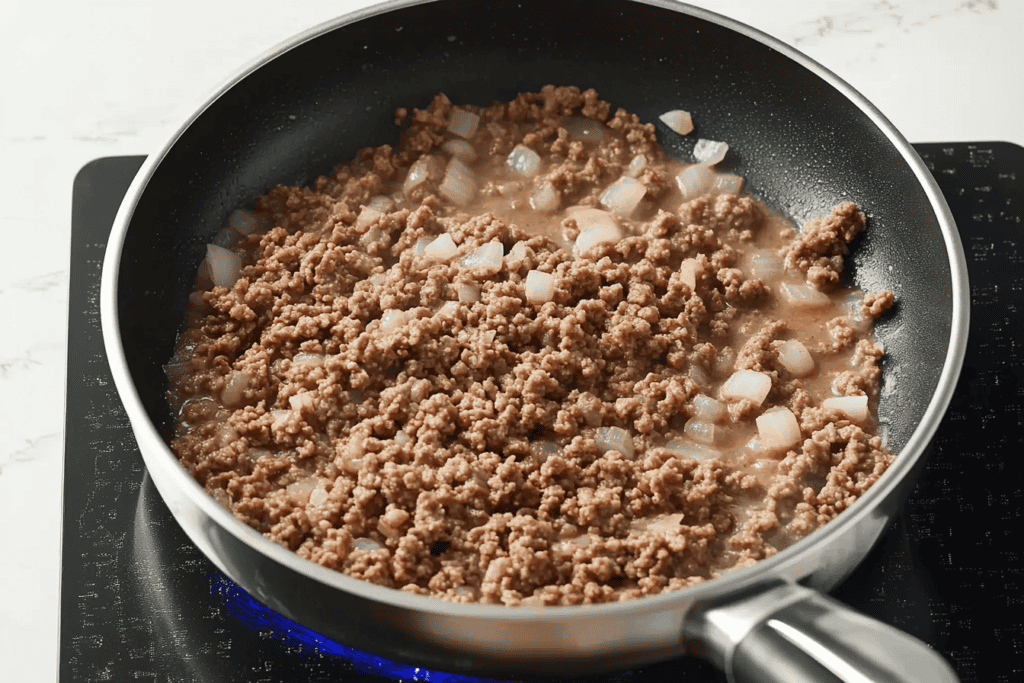  cook the ground beef, onion, and garlic