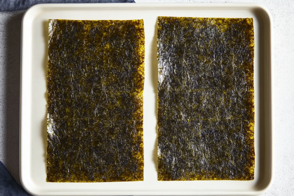 a tray with green sheets of seaweed