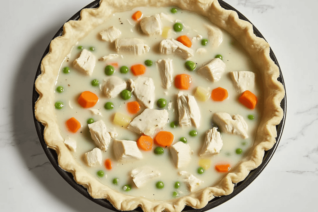 a pie with chicken and vegetables in a pie pan