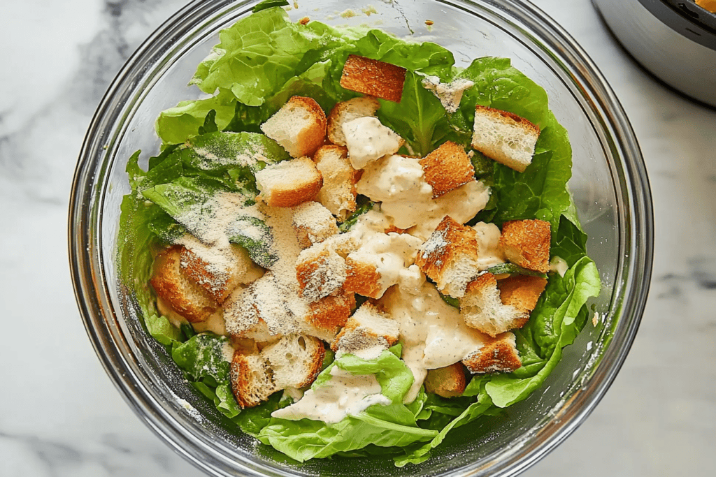 Pour in the prepared dressing, sprinkle with the remaining Parmesan cheese