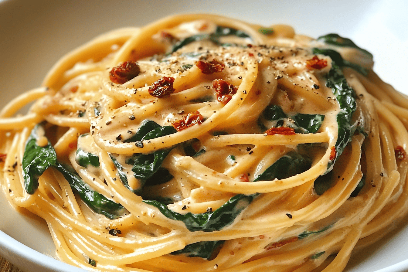 Spaghetti & Spinach with Sun-Dried Tomato Cream Sauce