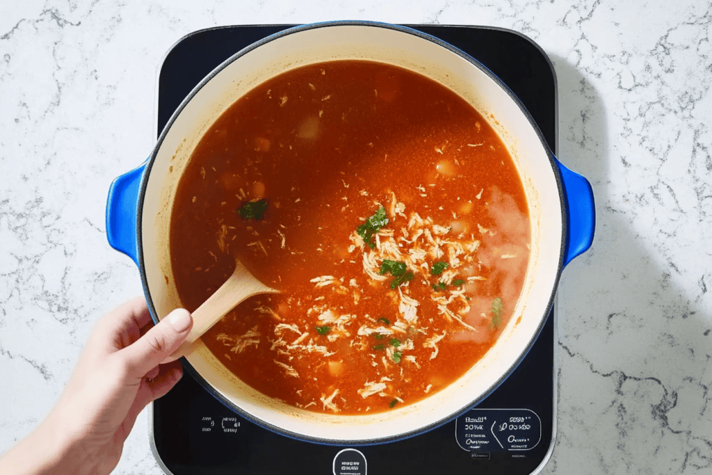 Pour in chicken broth and salsa,