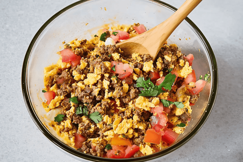 Transfer sausage to eggs in the bowl