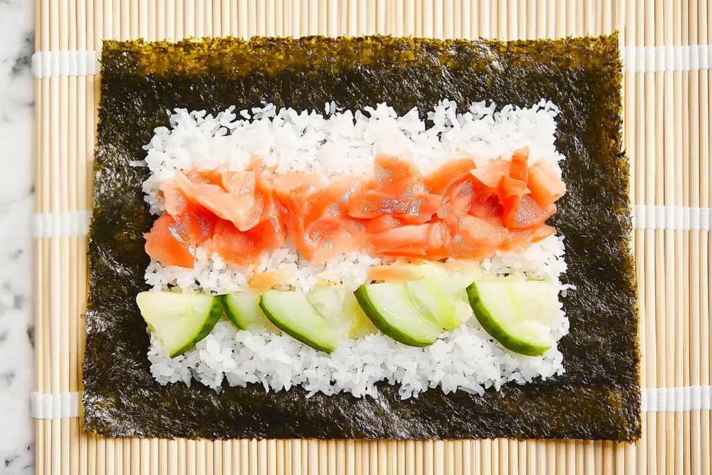 a rice and vegetables on a seaweed mat